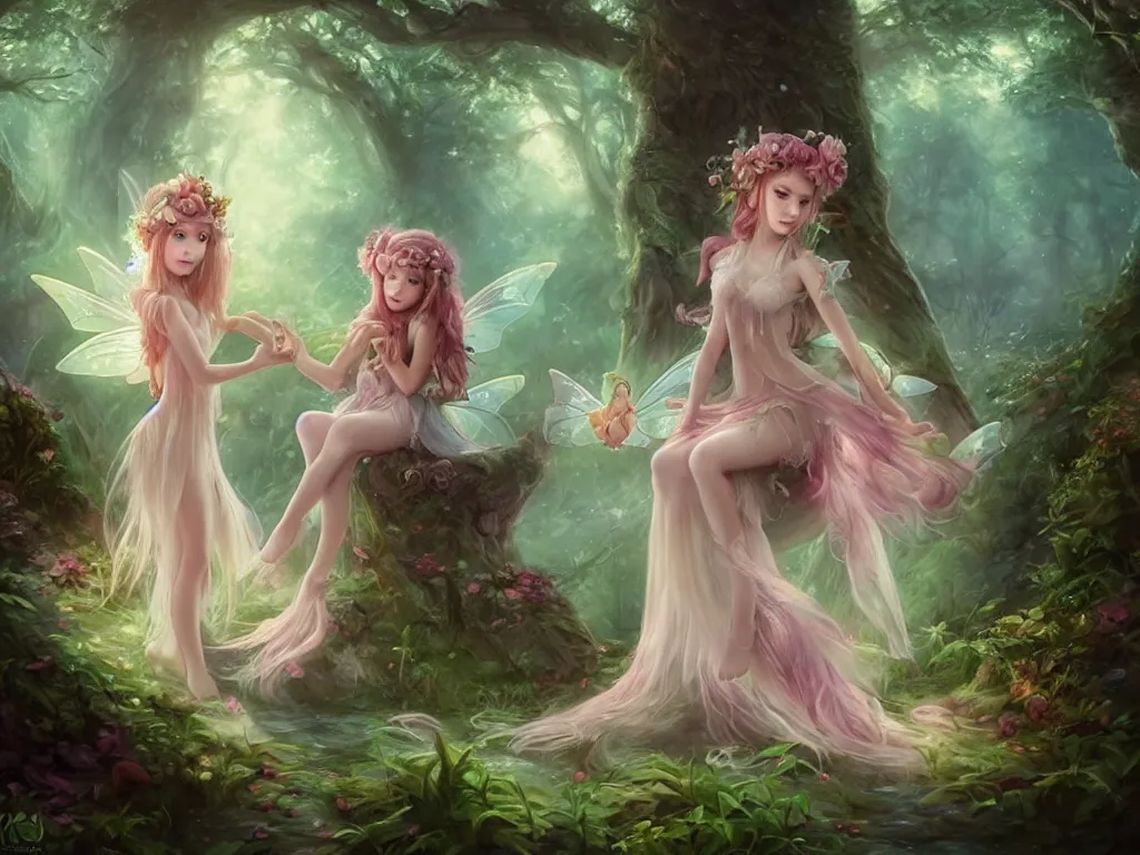 Image similar to two cute fairy in the dreamy forest, fantasy, dreamlike, 8 k resolution, hyper detailed, d & d, character design, digital painting, trending on artstation, sharp focus, illustration, art by artgerm, viktoria gavrilenko, hoang lap, fuji choko, steve zheng