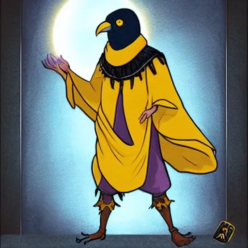Image similar to A kenku raven wearing frayed yellow robes while worshipping a solar eclipse. Character art. D&D. No mans land.