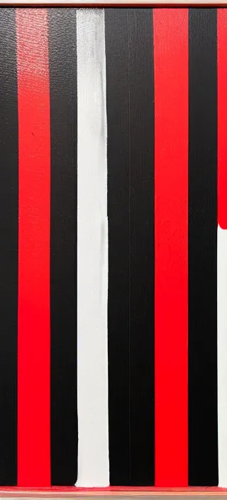 Prompt: canvas coated with red paint, black stripes, matte paint, relief painting