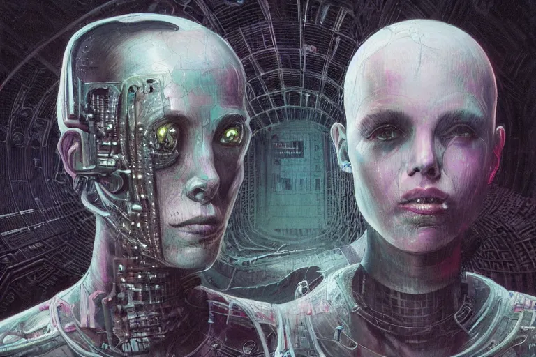 Image similar to highly detailed concept art of neuromancer characters, dystopian post - apocalyptic retrofuturistic neon vibe, an ultrafine detailed painting by hans giger and wayne barlowe, trending on deviantart, pop surrealism, whimsical, lowbrow, perfect symmetrical face, sharp focus, octane, masterpiece