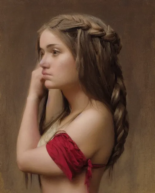 Prompt: painting of a teenage girl with plaits, red tube top, side view, looking down, jeremy lipking, serge marshennikov, sophie anderson, mark arian, bob byerley, charlie bowater, mark brooks, justin gerard, ross tran, wlop