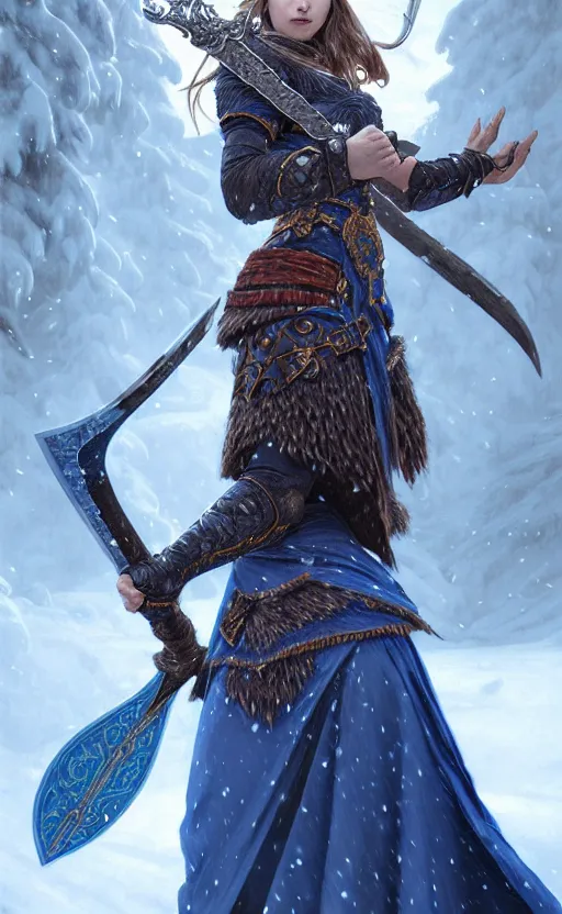 Image similar to azure viking warrior, regal, elegant, winter, snow, beautiful, stunning, hd, illustration, epic, d & d, fantasy, intricate, elegant, highly detailed, wide angle, digital painting, artstation, concept art, smooth, sharp focus, illustration, wallpaper, art by artgerm and greg rutkowski and alphonse mucha and jin xiaodi