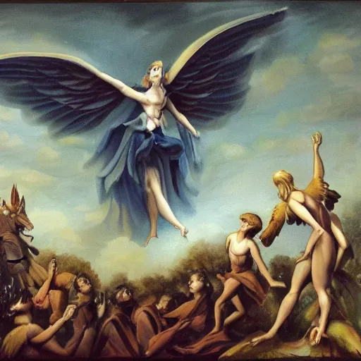 Image similar to A beautiful sculpture of a winged creature, possibly an angel, flying high above a group of people in a dark, wooded area. The creature's wings are spread wide and its head is turned upwards, as if it is looking towards the sky. The people below are looking up at the creature with a mixture of awe and fear. Prussian blue by Nora Heysen stormy