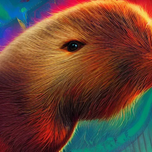 Prompt: hyper detailed ultra sharp capybara, trending on artstation, vibrant aesthetic, bloodwave, colorful, psychedelic, ornate, intricate, digital painting, concept art, smooth, sharp focus, illustration, art by artgerm and greg rutkowski and h. r. giger, 8 k