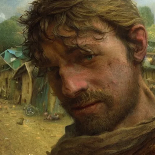 Prompt: jean francois millet as slum neighborhood on lord of the ring, random content position, ultra realistic human face details with emotion, ultra realistic environment contents detail, incrinate, delete duplicated content, rgb color