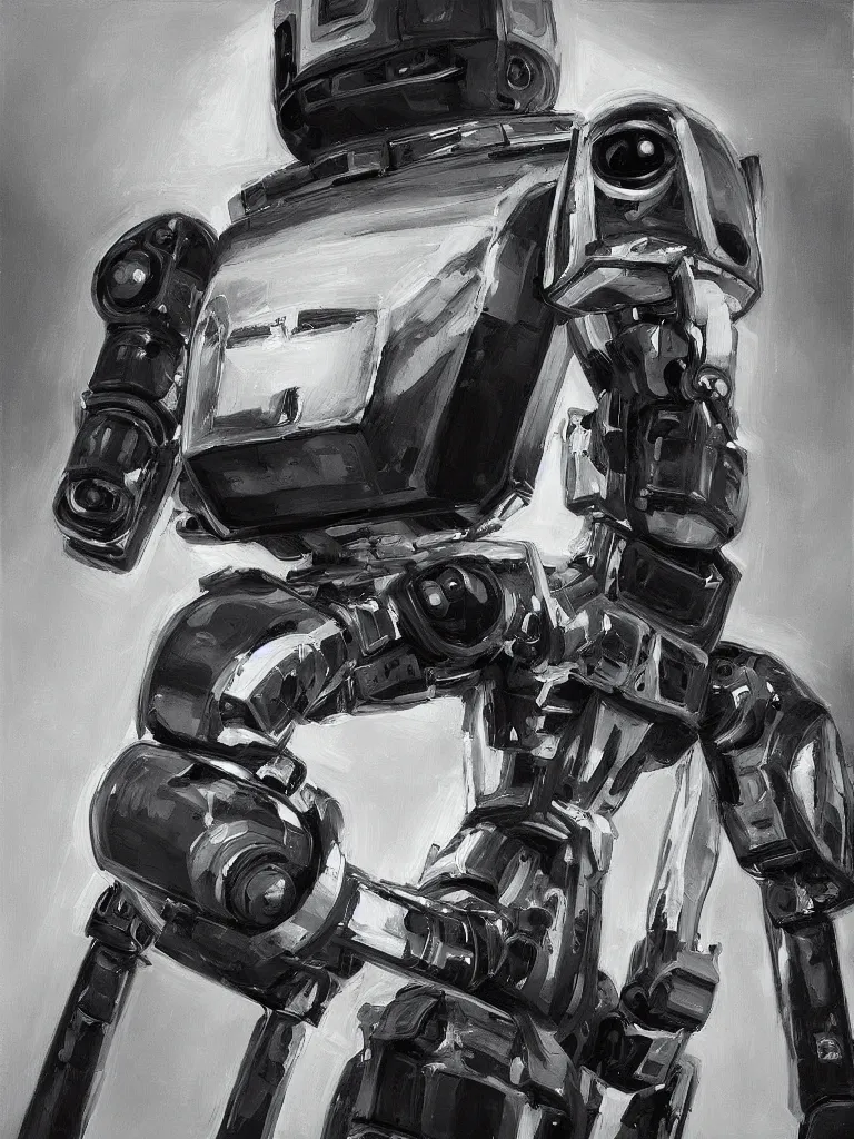 Image similar to “A perfectly centered beautiful black and white portrait oil painting of a retro-futuristic robot in Los Angeles”