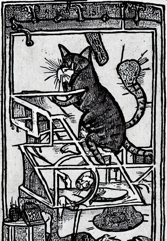 Image similar to [Grim medieval illustration of a cat watching youtube on a computer]