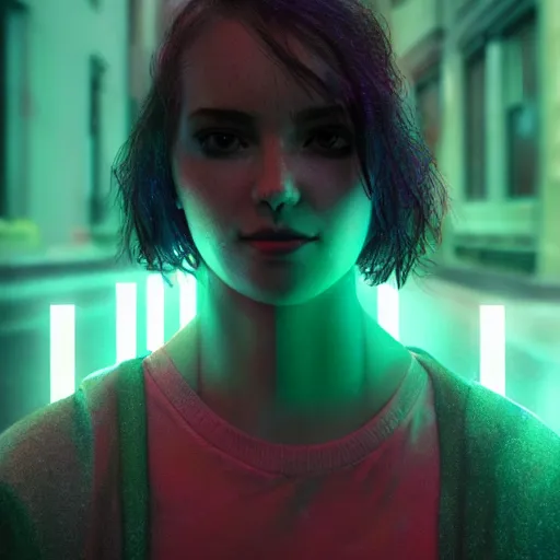 Image similar to a human portrait made out of rain, neon light, beautiful, rendered in octane, unreal engine, realistic, comic book art