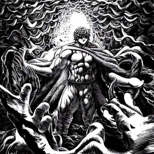 Image similar to a man drowning in the deepest pits of hell by kentaro miura, stunning artwork, wide shot angle