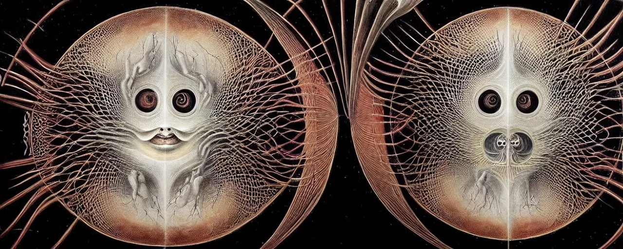 Image similar to a strange creature with endearing eyes radiates a unique canto'as above so below'while being ignited by the spirit of haeckel and robert fludd, breakthrough is iminent, glory be to the magic within, in honor of saturn, painted by ronny khalil