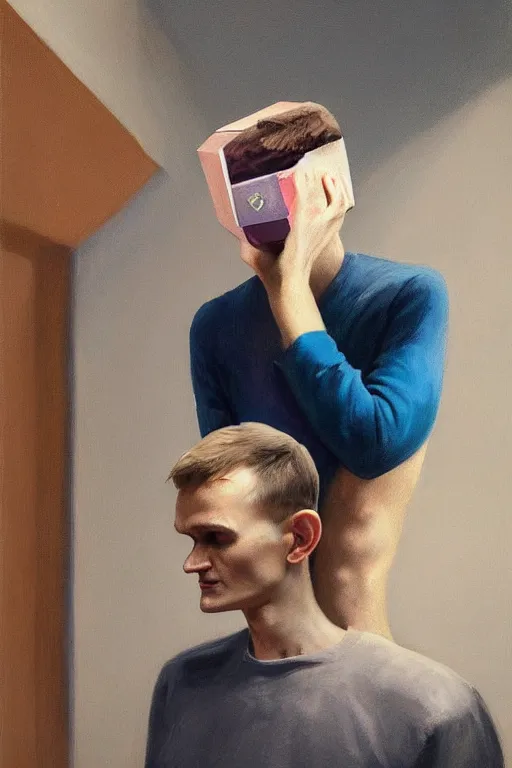 Image similar to Vitalik Buterin wearing oculus and Ethereum over his head Edward Hopper and James Gilleard, Zdzislaw Beksisnski, highly detailed