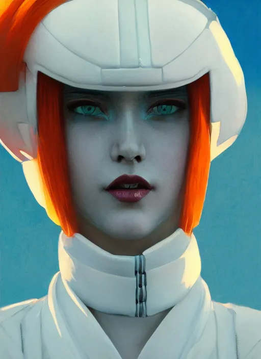 Image similar to symmetry!!! closeup portrait! of a samurai racer girl, fashion white jumpsuit, shoulder pads, in clouds, cinematic light, windy, teal orange, volumetric smoke, by gerald brom, by mikhail vrubel, by peter elson, muted colors, extreme detail, trending on artstation, 8 k