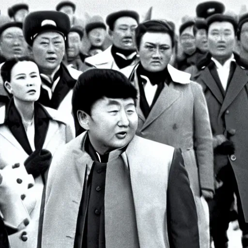 Prompt: filmstill of Kim Jong-il in the role of Doctor Zhivago by David Lean, 1965, cinemascope, 35mm film