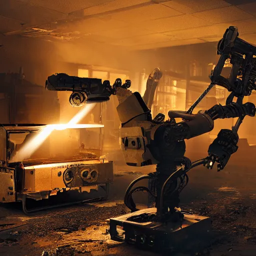 Image similar to toaster oven terminator robot, dark messy smoke - filled cluttered workshop, dark, dramatic lighting, orange tint, sparks, plasma charge, cinematic, highly detailed, sci - fi, futuristic, movie still