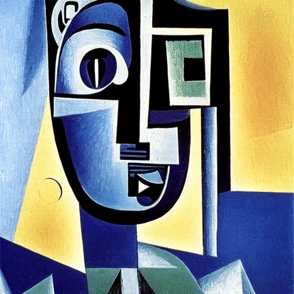 Prompt: cubist painting of a robot by Pablo Picasso, clean lines, close up