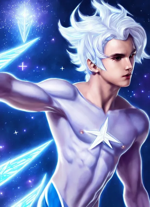 Prompt: full body portrait of quicksilver as a magical star guardian. detailed face, concept art, intricate, highly detailed 8 k, smooth, sharp focus, beautiful and aesthetic shape of face and body, artgerm, artstation, art by zexi guo and nira and junpei suzuki and gharliera and rinotuna