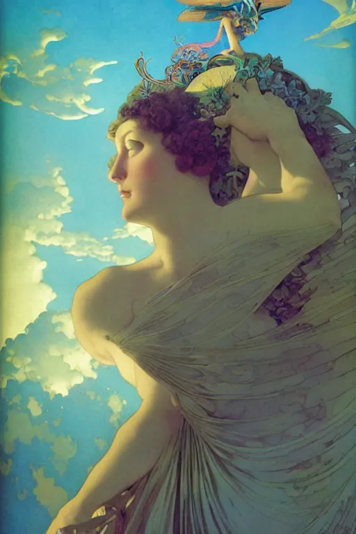Prompt: at the gates of heaven she flies outside, symmetrical, by maxfield parrish, by gustave dore, by peter mohrbacher, by alphonse mucha, by karol bak, sharp focus, vivid color, rainbowshift, octane render, cgi, rule of thirds
