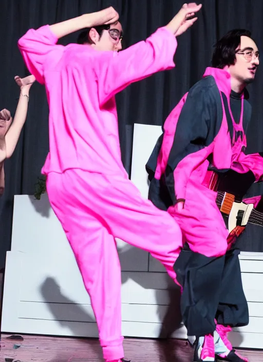 Prompt: joji singing in an scenario while filthy frank dances next to him in a pink outfit