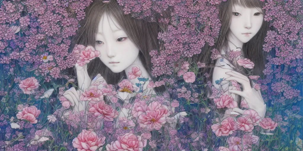 Image similar to breathtaking detailed concept art painting pattern blend of flowers and girls, by miho hirano, bizarre compositions, exquisite detail, pastel colors, 8 k