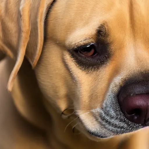 Prompt: A light-tan labrador retriever boxer mix, nose pressed against the camera, close-up