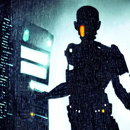 Image similar to a menacing cyborg, in the style of bladerunner movie.