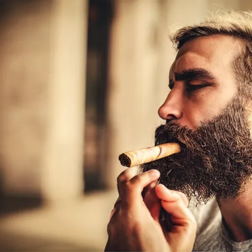 Image similar to a man with a beard smoking a cigar, highly realistic, very realistic, realistic face, photorealistic