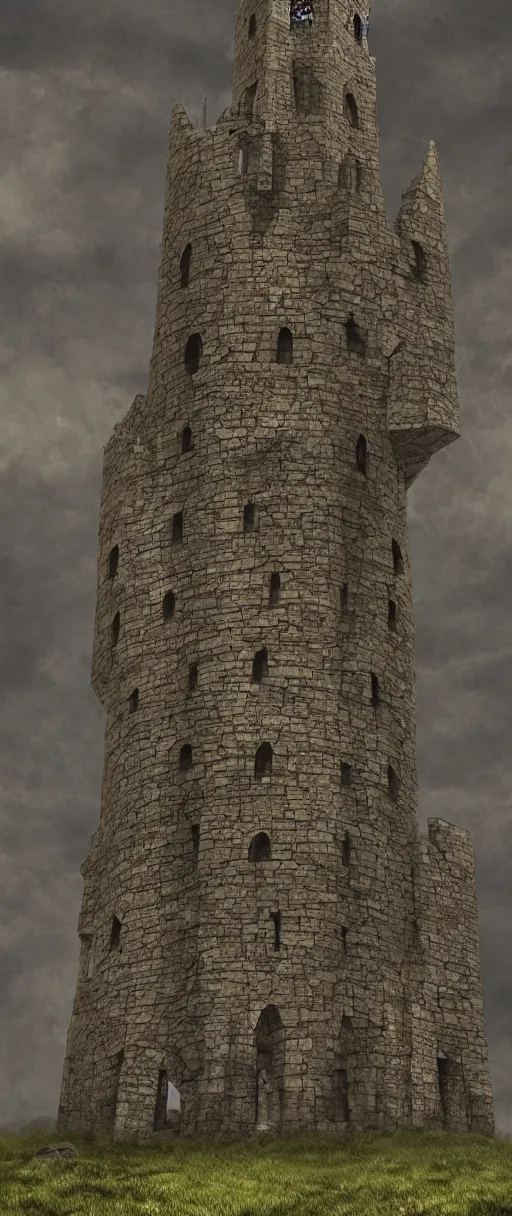 Image similar to gloomy illustration of a high medieval tower with dark stones, artstation