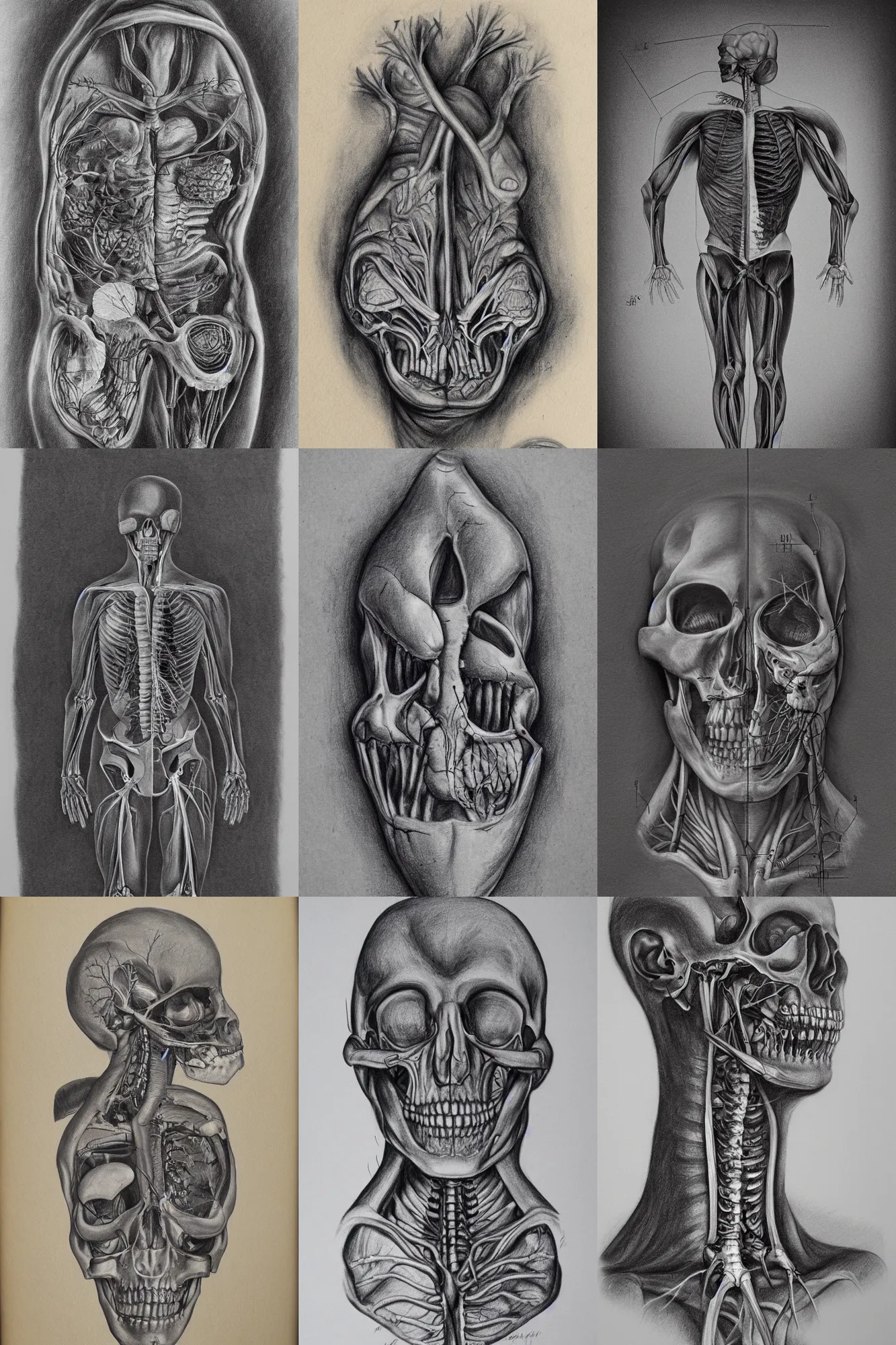 Prompt: anatomical diagram made in charcoal of an unknown creature, cross section, highly detailed, 4 k, high quality