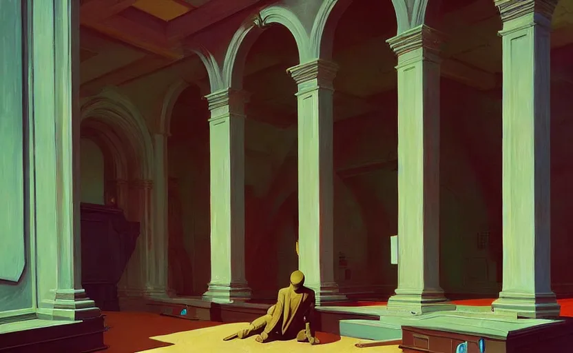 Image similar to inside a time machine portal to the church, very coherent, painted by Edward Hopper, Wayne Barlowe, painted by James Gilleard, airbrush, art by JamesJean