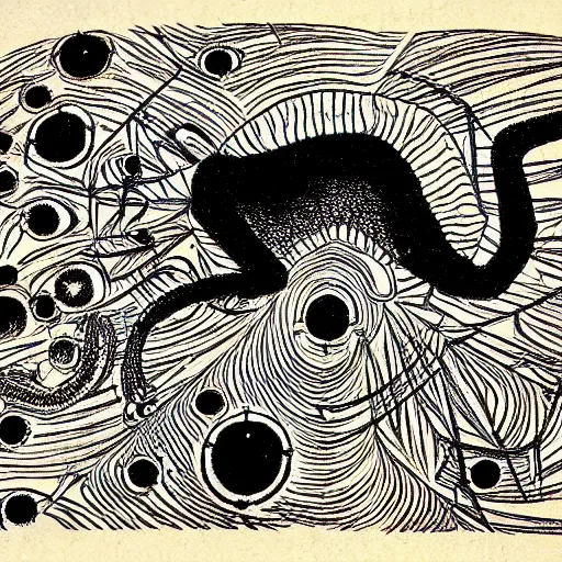 Image similar to a giant deformed cat with spider legs and a thousand eyes, by junji ito.