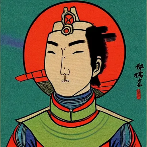 Prompt: cao cao by chiho aoshima : : very detailed, comic, bust, 4 k, golden ratio, comic book, 1 9 7 0 s, ancient chinese, chinese, han dynasty, wood, azure, green, east, jupiter, generative, spring, windy, sprouting, plum, halftone print : : superhero portrait looking away