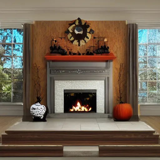 Image similar to a realistic photo of a fireplace mantle decorated for halloween, photorealism, dramatic lighting