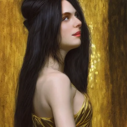 Prompt: portrait of a smiling, beautiful, pale skin eastern european female with long black hair, dark brown eyes, elegant clothing, photorealistic, highly detailed, artstation, smooth, sharp focus, gold ornaments, neon lighting, sci - fi, art by gustav klimt, artgerm, greg rutkowski and alphonse mucha