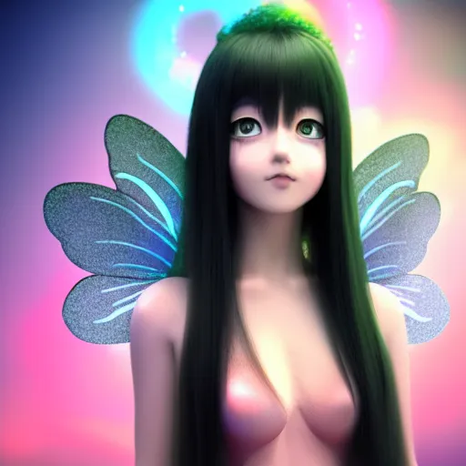 Prompt: stunning 3d render of a fairy, anime like, portrait, happy face, black hair, electric color background, hd