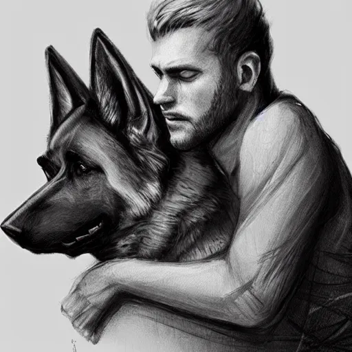 Image similar to two humanoid german shepherds beast - men, sitting on a couch and hugging together, artstation, concept art, smooth, sharp foccus ilustration, artstation