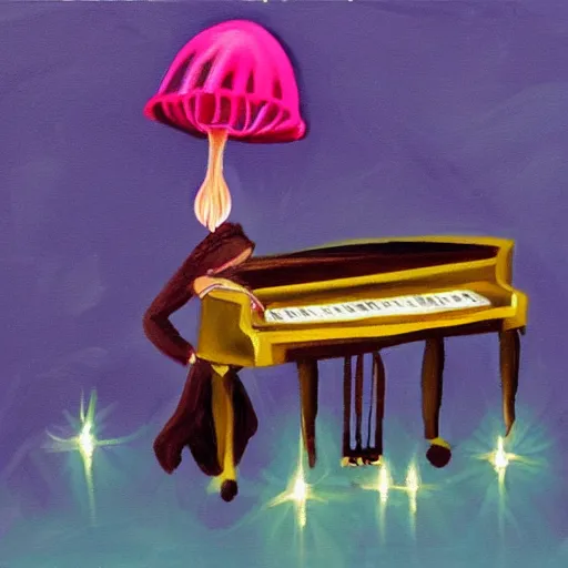 Prompt: a painting of a jellyfish playing the piano on stage in the spotlight