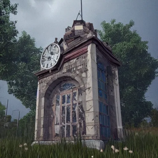 Image similar to An abandoned wacky clock tower based in the victorian period, the clouds are darky with gloomy lighting in unreal engine