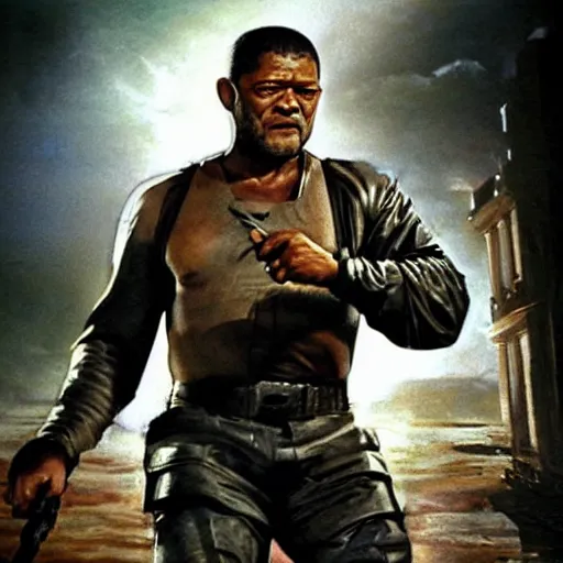 Image similar to a beautiful matte painting of laurence fishburne in an action movie, by steve argyle and mark arian