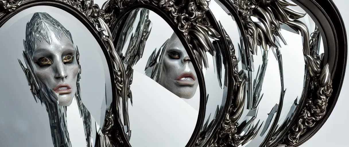 Image similar to hyperrealist highly detailed neo-baroque portrait of high fashion monster demon wearing reflective mirror mirrored reflection armor, concept art pascal blanche dramatic studio lighting 8k wide angle shallow depth of field