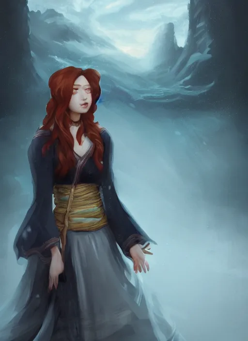 Prompt: a portrait of Nami the burglar as a real girl, wearing a traditional kunoichi dress, ginger hair, beautiful face, intricate, highly detailed, digital painting, artstation, thunderstorm on the background, matte painting, concept art, smooth, sharp focus, illustration, art by Charlie Bowater and Gustave Baumann, matte painting