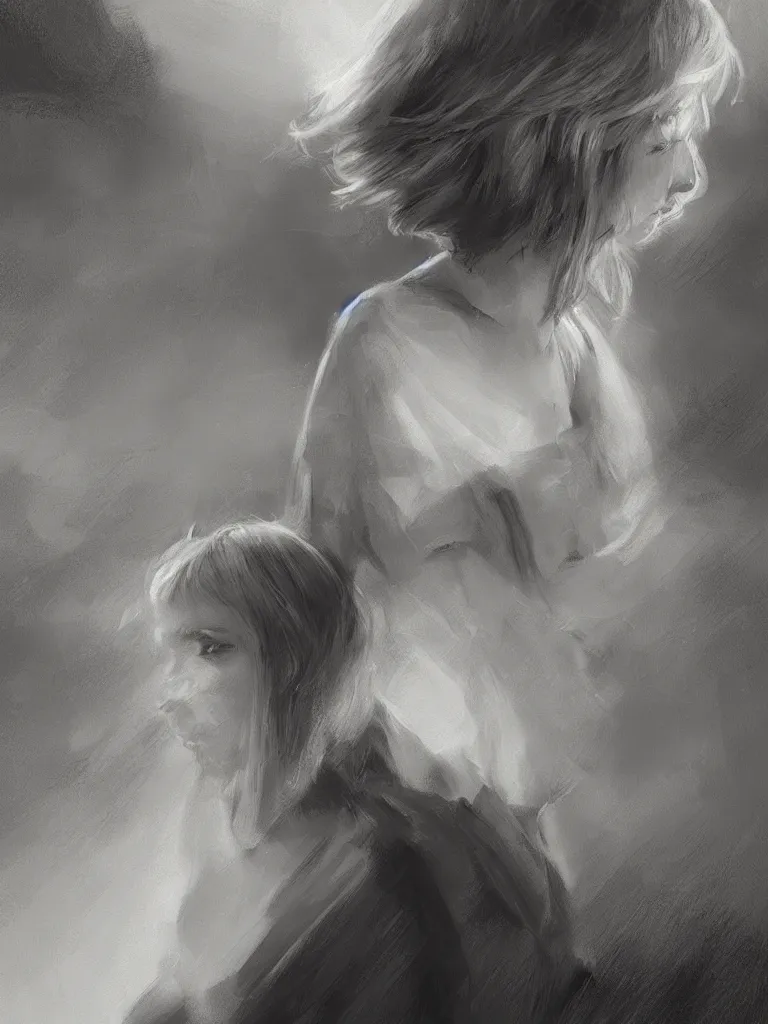 Image similar to blonde female jedi, Swedish countryside, landscape view, archipelago, pencil sketch, abstract, black and white, mono, by Vladimir Volegov, wlop, artstation