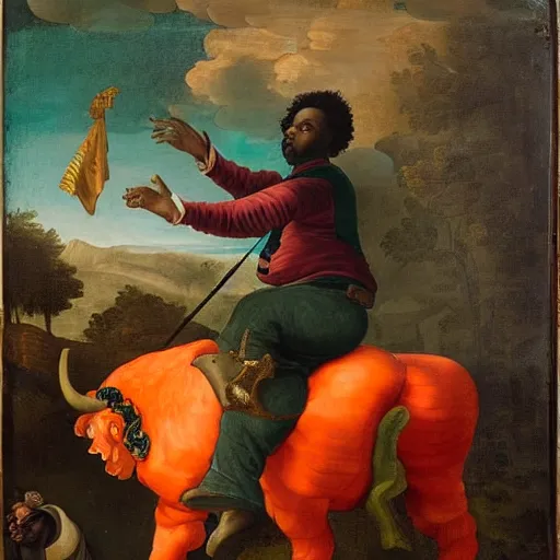 Image similar to photograph of a black man with afro hair wearing an army green adidas jacket riding an orange colored bull!!, renaissance style painting