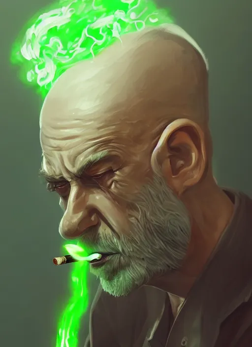 Prompt: a highly detailed illustration of bald old man smoking with green glowing eyes, dramatic cigarette in mouth pose, nuclear background, intricate, elegant, highly detailed, centered, digital painting, artstation, concept art, smooth, sharp focus, league of legends concept art, wlop.