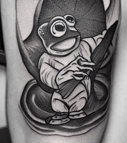 Image similar to tattoo design sketch of pepe the frog, faded background of beautiful mountains and nature on the side, hyper - realistic, in the style of den yakovlev, amazing detail, black and white