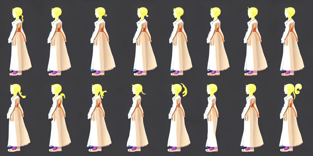 Prompt: walking animation sprite sheet of a girl in a renaissance dress, walking to the right, each sprite is a different frame of the animation, in the style of final fantasy games, side view of her taking steps, accurate walk cycle, walk cycle, walk cycle