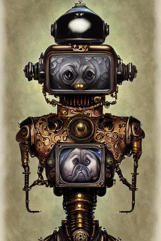 Prompt: art deco robot pug, made of ornate parts, victoriana, magic realism, jules verne steampunk, vivid colors, by mark ryden, tom bagshaw, trevor brown