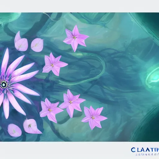 Image similar to clematis theme logo, clematis theme banner, clematis design, clematis in the deep sea, trending on artstation, warm light, lovely and cute, fantasy art, 8 k resolution