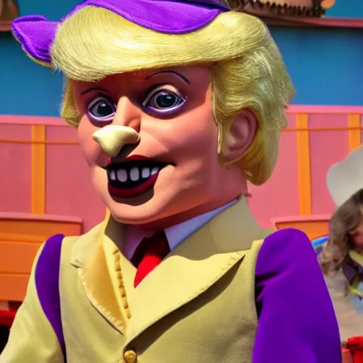 Prompt: a child puppet in the its a small world ride at disneyland that looks like donald trump, highly detailed, high definition, ultra realistic