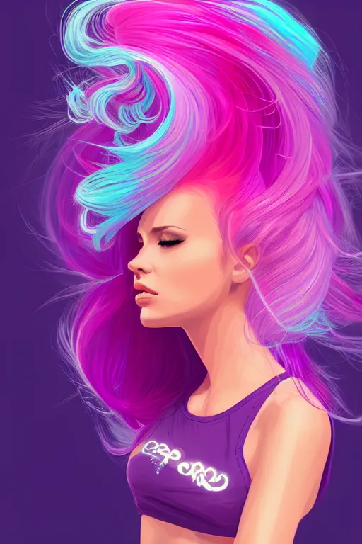 Image similar to a award winning half body porttrait of a beautiful woman in a croptop with ombre purple pink teal hairstyle with head in motion and hair flying, outrun, vaporware, shaded flat illustration, digital art, trending on artstation, highly detailed, fine detail, intricate