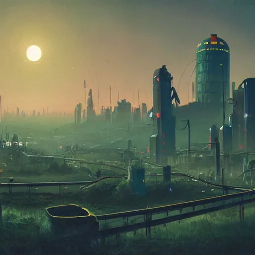 Image similar to An atompunk city with the moon shining through the clouds in utopia by Simon Stålenhag and Greg Rutkowski,In style of Grant Wood.hyper detailed,8K Resolution,unreal engine 5,Ray Tracing,highly realistic.trending on Artstation